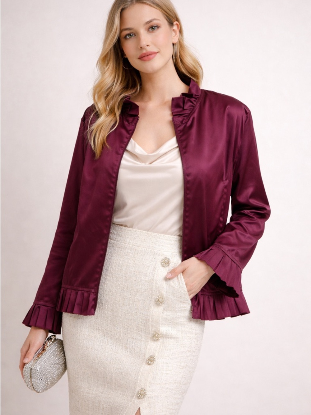 Lane Bryant Satin Ruffle-Trim Blazer in Wine